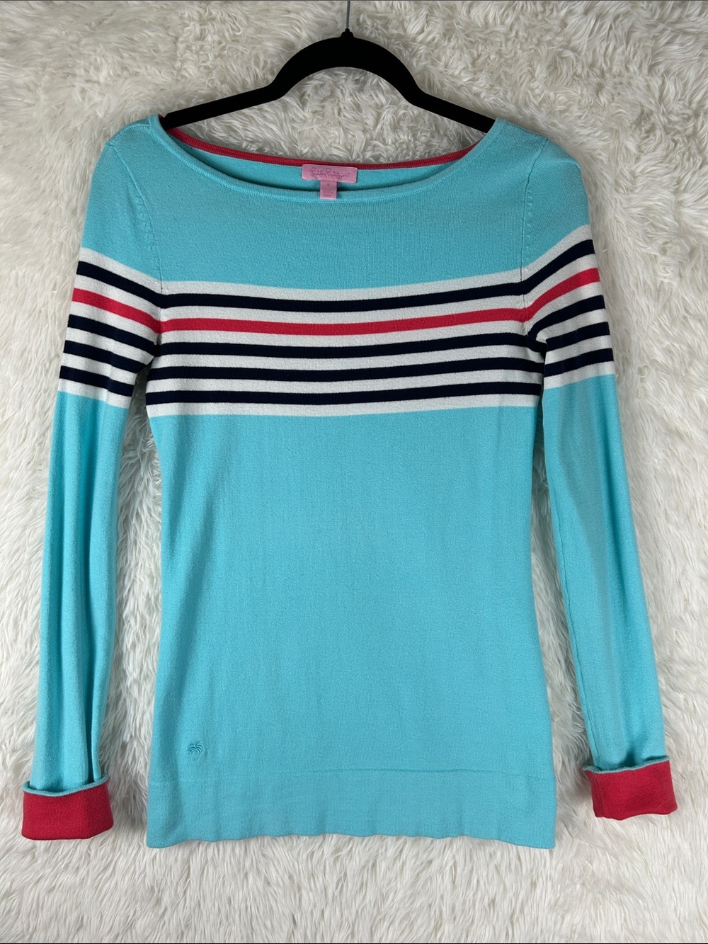 Lilly Pulitzer Aqua Striped Long-Sleeve Top with contrasting Cuffs